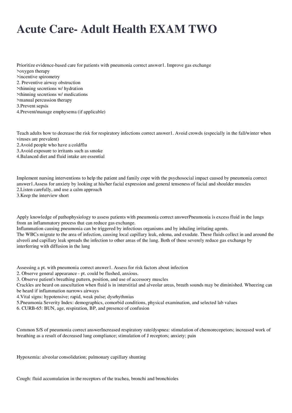 Preview image for Acute Care- Adult Health EXAM TWO 2022/2023 with 100% correct answers